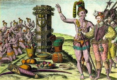 Los floridanos llegaron a la columna erigida por el navegante francés Jean Ribault (1520-1565) de la primera expedición a Florida. Grabado de “Historia de América” por Theodore De Bry (1528-1598) Siglo XVI. Colección privada de Theodore de Bry
