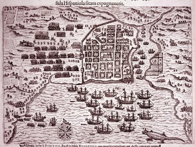 La flota de Francis Drake ocupa la isla de Santo Domingo (Grabado) de Theodore de Bry