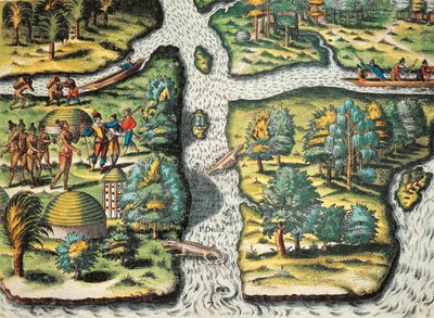 Los franceses ayudan a los nativos a conseguir comida de Theodore de Bry
