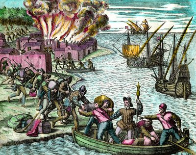 Los franceses saquean y queman la ciudad de Chioreran. Grabado de “Historia de América” de Theodore de Bry, siglo XVI. Colección privada de Theodore de Bry