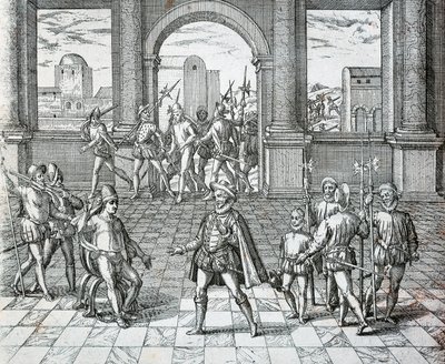 El rey inca Atahualpa siendo capturado por los españoles en Cajamarca, Ilustración de Historia Americana por Theodore de Bry de Theodore de Bry