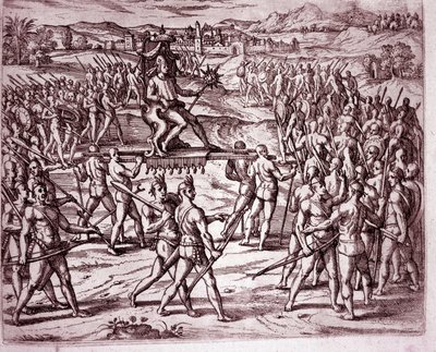 El rey inca, Atahualpa (o Atabaliba), sosteniendo un cetro en forma de sol, es llevado en una litera para encontrarse con Francisco Pizarro (Grabado) de Theodore de Bry
