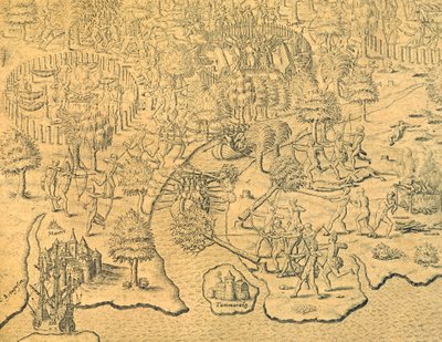 Los portugueses avanzan hacia el interior y son atacados por una tribu local de Theodore de Bry