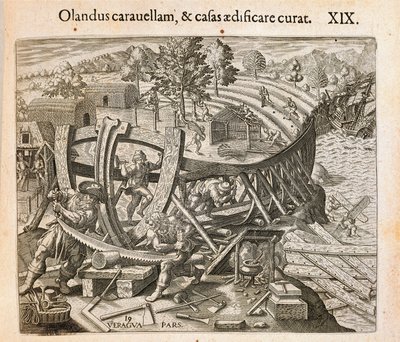 Los españoles construyendo su primer barco en el Nuevo Mundo de Theodore de Bry