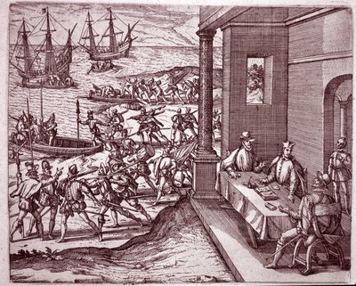 Los conquistadores españoles Francisco Pizarro, Diego de Almagro y Hernando de Luque unieron fuerzas para conquistar Perú (grabado) de Theodore de Bry