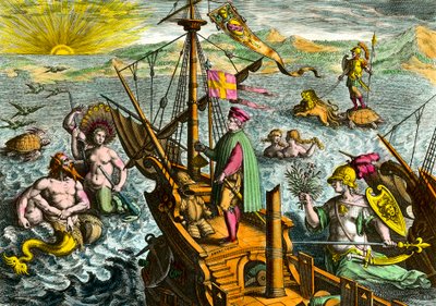 El barco del navegante italiano Amerigo Vespucci (1454 - 1512) de Theodore de Bry