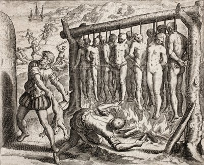 Trece víctimas ahorcadas y quemadas, representación de crímenes infligidos a los indios por colonos españoles de 