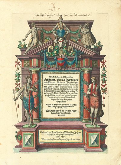 Portada de la primera edición en alemán de la primera parte de "Grandes viajes: América", 1590 de Theodore de Bry
