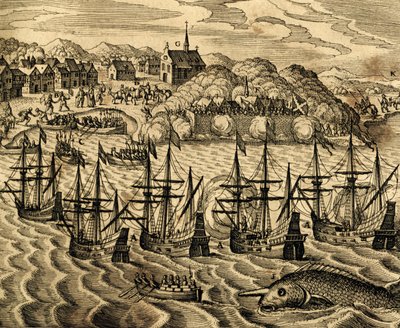 Vista del puerto de Acapulco en México, grabado de Historia Americae, por Theodor de Bry (1528-1598), Frankfurt de Theodore de Bry