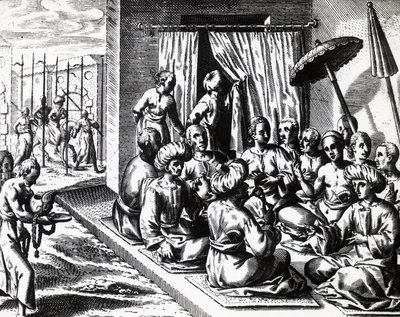 Ceremonia de boda en Bantam, Isla de Java, por Theodor de Bry, grabado de Theodore de Bry