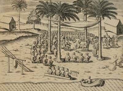 Bienvenida de los nativos africanos indígenas, Ilustración del Indiae Orientalis de Antonio Pigafetta, por Theodore de Bry de Theodore de Bry