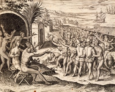 Bienvenida a los holandeses, grabado de la obra India orientalis, por Theodor de Bry (1528-1598), Indonesia de Theodore de Bry