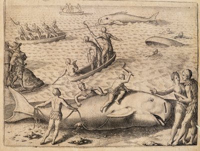 Caza de ballenas cerca de Spitsbergen, grabado por Theodor de Bry de India Orientalis de Theodore de Bry