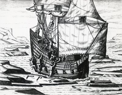Barco de William Barents durante la tercera expedición holandesa en busca del Paso del Noreste, por Theodor de Bry, grabado de Theodore de Bry