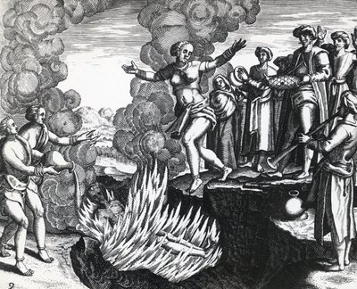 Mujer arrojándose a la pira de su esposo, por Theodor de Bry, grabado de Theodore de Bry