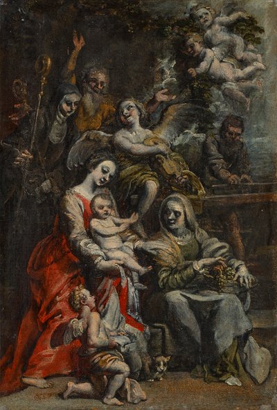 La Sagrada Familia con Santa Ana, otros santos y ángeles (óleo sobre papel colocado sobre tabla) de Theodore van Loon