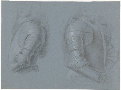 Hoja de estudio que muestra los lados izquierdo y derecho de una coraza de Theodorus Netscher