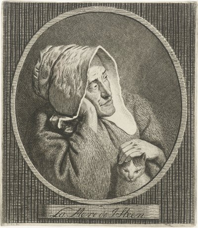 Anciana con gato La Mere de J. Steen (título sobre el objeto) de Theodorus de Roode