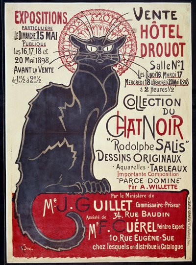 Cartel publicitario anunciando la venta en el Hotel Drouot en 1898 de la colección del Gato Negro y obras de Rodolphe Salis, Ilustración de Theophile Alexandre Steinlen (1859-1923) de Théophile Alexandre Steinlen