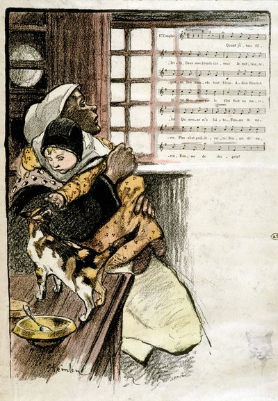 Niño en brazos de una mujer jugando con un gato, ilustrado por Steinlen para partituras, s. XIX de Théophile Alexandre Steinlen