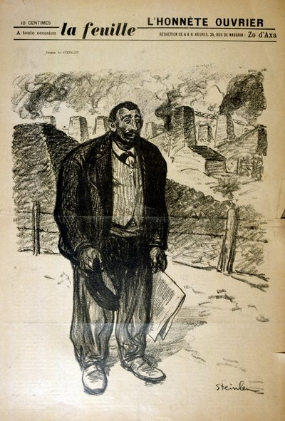 Dibujo de un trabajador de fábrica pobre contra un paisaje industrial, por Alexandre Steinlen (1859-1923), un pintor y grabador suizo-francés del Art Nouveau de Théophile Alexandre Steinlen