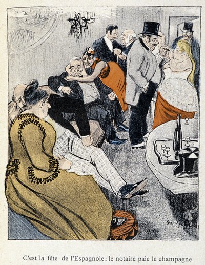 Filles et Marlous: Es la fiesta de los españoles: el notario paga el champán - en “Dans la vie”, por Steinlen 1901 de Théophile Alexandre Steinlen