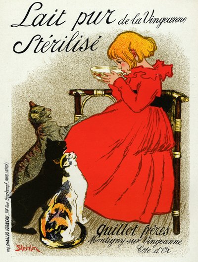 Alimentos y bebidas. Leche Vingeanne. Niña con gatos. Cartel de Steinlen, Francia, c.1890 de Théophile Alexandre Steinlen
