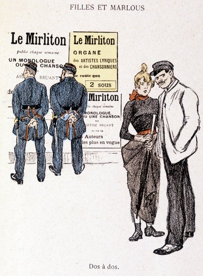 Chica y Marlou: un proxeneta y una prostituta detrás de dos policías. En “In Life” por Steinlen de Théophile Alexandre Steinlen