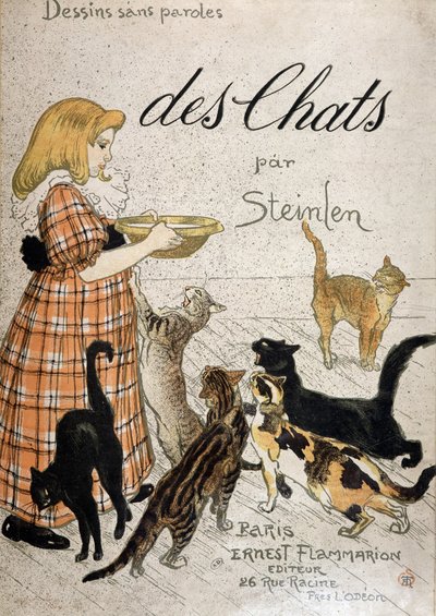 Niña trayendo un cuenco de leche a los gatos - portada de “Cats” por Steinlen, s.f. siglo XIX de Théophile Alexandre Steinlen