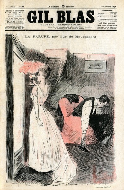 Ilustración de Steinlen del cuento "La Parure" de Guy de Maupassant. Madame Loisel se mira en el espejo mientras su esposo le quita los zapatos. Ella descubre que ha perdido el collar (río de diamantes) que le prestó su amiga Madame Fores de Théophile Alexandre Steinlen