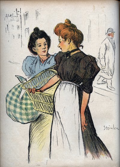 Les blanchisseuses Dibujo de Théophile Alexandre Steinlen (1859-1923) - en “Le Rire” de 1898 - Dos lavanderas - Si tuvieras que escuchar a todos los clientes, significaría demasiada ropa para limpiar de Théophile Alexandre Steinlen