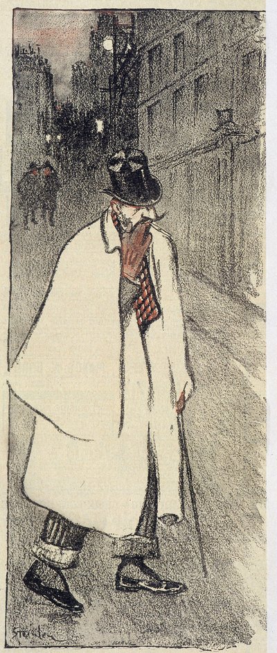 Hombre en la cima y abrigo caminando en la calle - en “Gil Blas” de nov. 1894 de Théophile Alexandre Steinlen