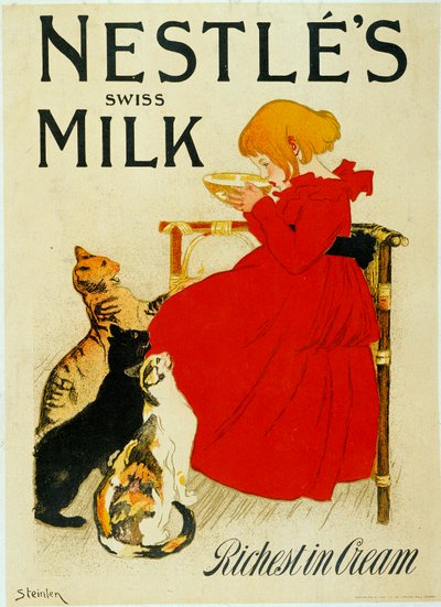 Publicidad de Nestlé: "Leche suiza de Nestlé". Una niña bebe un tazón de leche frente a gatos envidiosos de Théophile Alexandre Steinlen