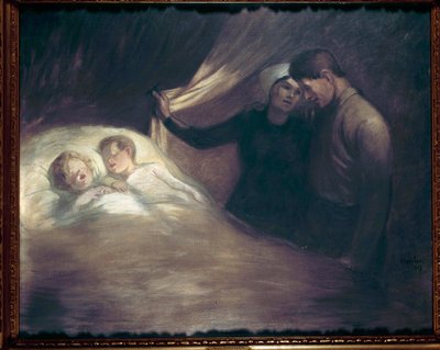 Gente pobre Una pareja de padres de condiciones modestas susurran viendo a sus hijos dormir. Pintura de Theophile Alexandre Steinlen (1859-1923). 1903 París, casa de Victor Hugo de Théophile Alexandre Steinlen