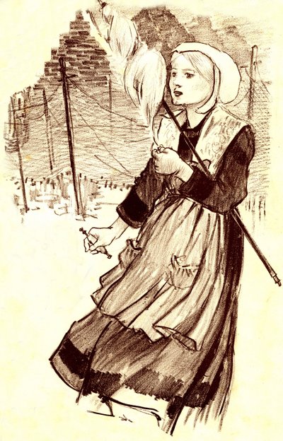 Joven aldeana - hilandera - dibujo (detalle) de Steinlen (1859-1923) para ilustrar la canción "¿Por qué hilas?" - finales del siglo XIX de Théophile Alexandre Steinlen