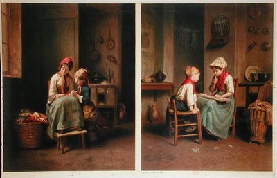 La lección y el juego de cartas, impreso en 1858 de Theophile Emmanuel (after) Duverger