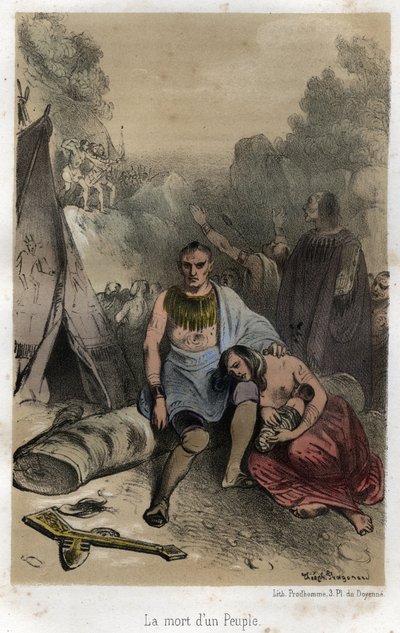 Las masacres de los hurones por los iroqueses en Canadá en 1763 (Tratado de París). Grabado de 1845 en "La historia dramática y pintoresca de los jesuitas desde la fundación de la orden hasta nuestros días" de Adolphe Boucher, dibujo de Theophile Fragonar de Theophile Evariste Fragonard