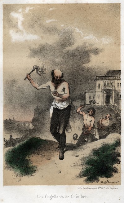 Los flagelantes de Coimbre: los jesuitas de Coimbra, en Portugal, hacen penitencia por su pecado en público mediante la flagelación hacia 1560. Grabado de 1845 en "The dramatic and picturesque history of the Jesuites from the foundation of the order to the de Theophile Evariste Fragonard