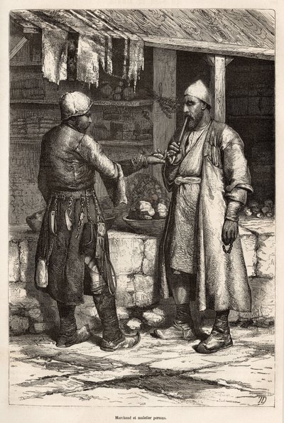 Un comerciante persa y fabricante de mulas en un pueblo de Armenia, grabado según un dibujo del autor, ilustrando el viaje en Lazistán y Armenia, por Theophile Deyrolles, en 1869, publicado en 