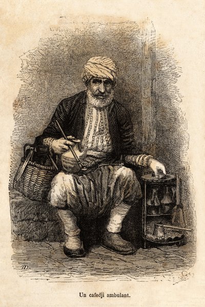 Un vendedor de café (cafedji) viajando, en el bazar de Trebisonda (actual Trabzon, en la costa del Mar Negro), grabado después de un dibujo del narrador, ilustrando un viaje a Lazistán y Armenia, de 1869, por Theophile Deyrolle, publicado en "Le tour du mo de Theophile Louis Deyrolle