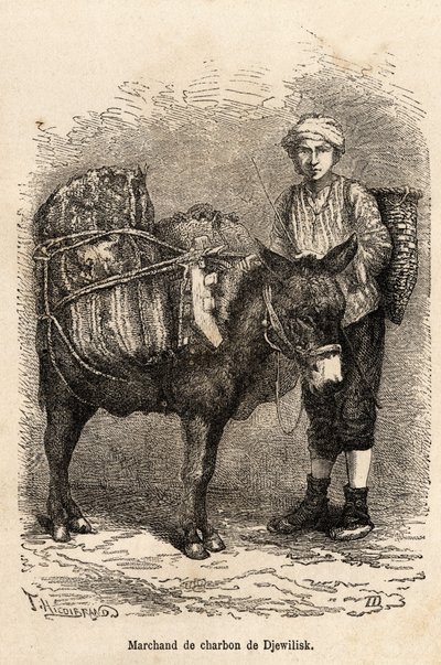 Un comerciante de carbón, con su burro, en Djewilisk (Anatolia del Norte), grabado después de un dibujo del narrador, ilustrando un viaje en Lazistán y Armenia, de 1869, por Theophile Deyrolle, publicado en 