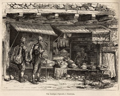 Una tienda de comestibles en Erzeroum (Armenia), grabado según un dibujo del autor, ilustrando el viaje en Lazistán y Armenia, por Theophile Deyrolles, en 1869, publicado en 