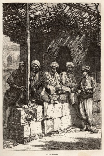 Un café armenio, un lugar de convivencia masculina, para beber café y fumar la pipa, grabado según un dibujo del autor, ilustrando el viaje en Lazistán y Armenia, por Theophile Deyrolles, en 1869, publicado en 