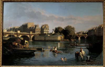 El puente nuevo y la punta de la Ile de la Cite. Vista de París. Pintura de Theophile Meunier (1800-1884) de Théophile Meunier