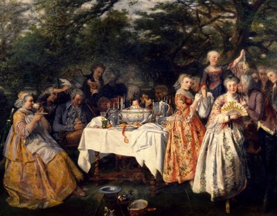 Picnic en el campo, en el jardín de una posada a las afueras de Estrasburgo, de Theophile Schuler (1821-1878), hacia 1750. de Theophile Schuler