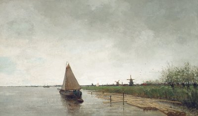 Un paisaje fluvial con embarcaciones, una ciudad al fondo de Theophile de Bock
