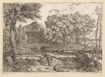 Paisaje arcádico con un rebaño de cabras junto al agua y una madre con un niño en un camino con otras figuras Suite de Paysages (título de la serie) de Théodore