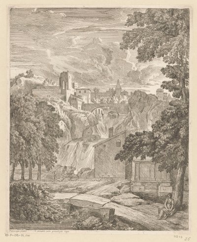 Paisaje arcádico con una cascada y una mujer debajo de un árbol Suite de paysages (título de la serie) de Théodore