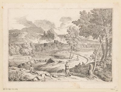 Paisaje arcádico con figuras a lo largo de un camino junto a un arroyo Suite de Paysages (título de la serie) de Théodore