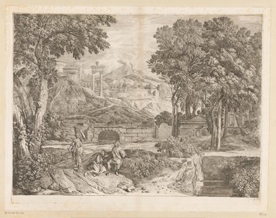 Paisaje arcádico con dos hombres y una mujer fructífera de Théodore